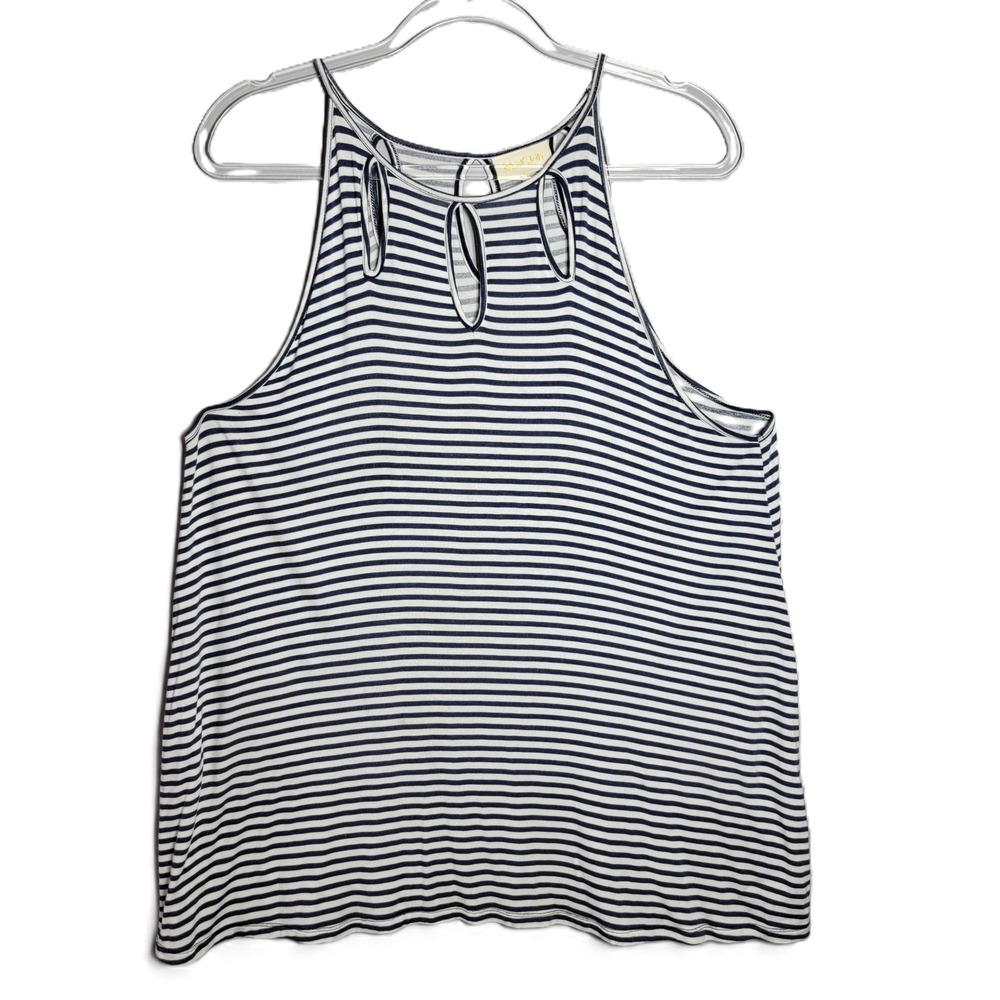 ModCloth‎ Womens 1X Striped Keyhole Halter Tank Top Rayon Spandex Blue White